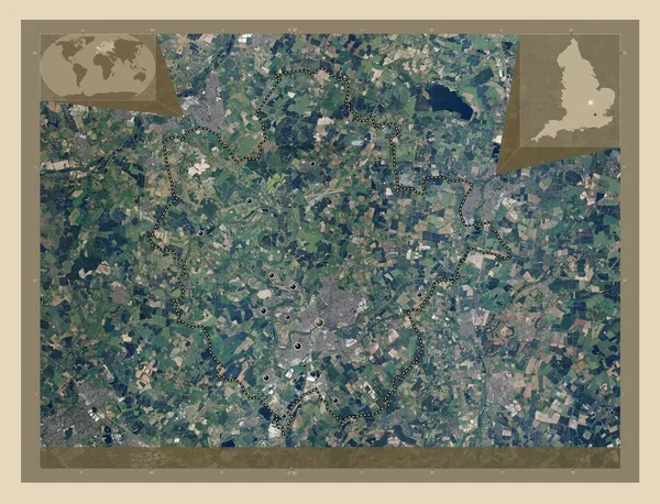 イギリスの行政郡 ベドフォード イギリス 高解像度衛星地図 地域の主要都市の場所 コーナー補助位置図 — ストック写真