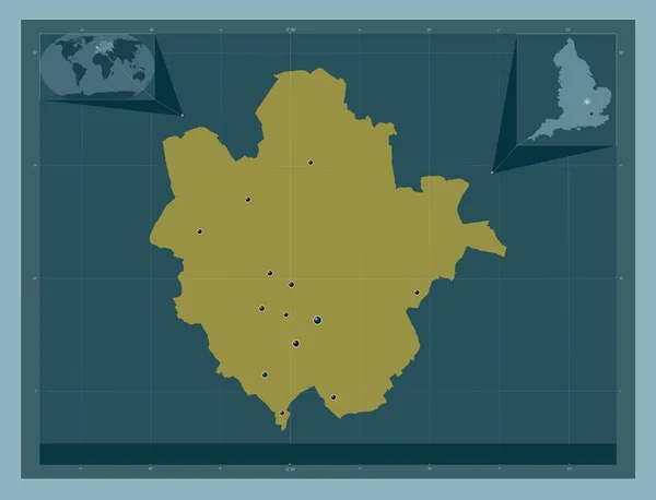イギリスの行政郡 ベドフォード イギリス しっかりした色の形 地域の主要都市の場所 コーナー補助位置図 — ストック写真