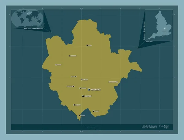 イギリスの行政郡 ベドフォード イギリス しっかりした色の形 地域の主要都市の位置と名前 コーナー補助位置図 — ストック写真
