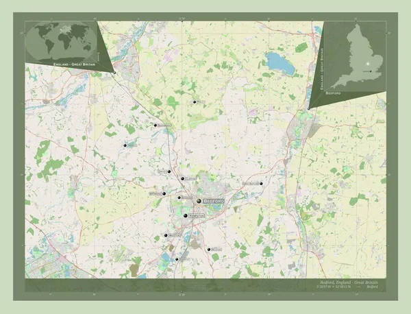 イギリスの行政郡 ベドフォード イギリス ストリートマップを開く 地域の主要都市の位置と名前 コーナー補助位置図 — ストック写真