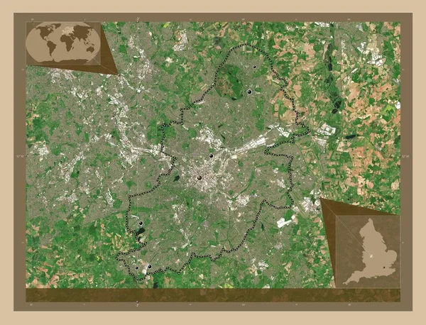 Birmingham, administrative county of England - Great Britain. Low resolution satellite map. Locations of major cities of the region. Corner auxiliary location maps