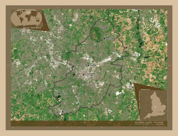 伯明翰 英格兰的行政区划 大不列颠 低分辨率卫星地图 该区域主要城市的地点和名称 角辅助位置图 — 图库照片