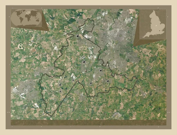 布莱比 英格兰非大都市地区 大不列颠 高分辨率卫星地图 该区域主要城市的所在地点 角辅助位置图 — 图库照片