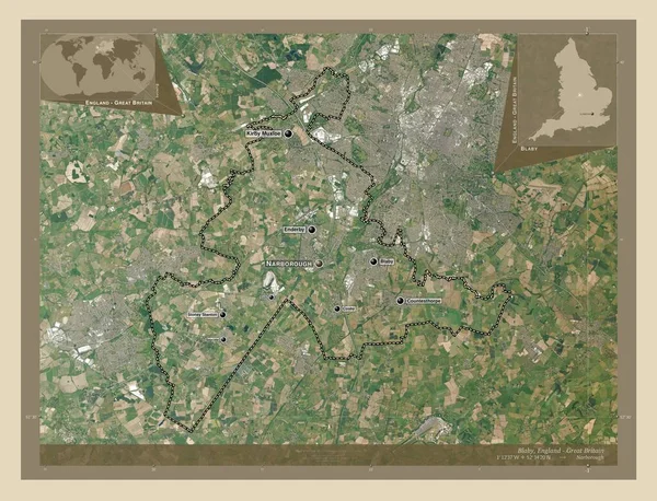 イギリスの首都圏ではない地区 ブラビー イギリス 高解像度衛星地図 地域の主要都市の位置と名前 コーナー補助位置図 — ストック写真