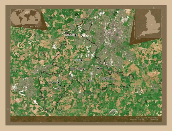 布莱比 英格兰非大都市地区 大不列颠 低分辨率卫星地图 该区域主要城市的地点和名称 角辅助位置图 — 图库照片