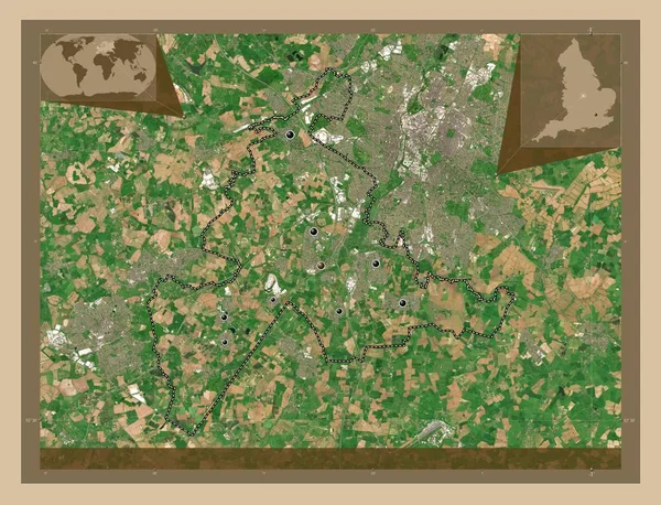 布莱比 英格兰非大都市地区 大不列颠 低分辨率卫星地图 该区域主要城市的所在地点 角辅助位置图 — 图库照片