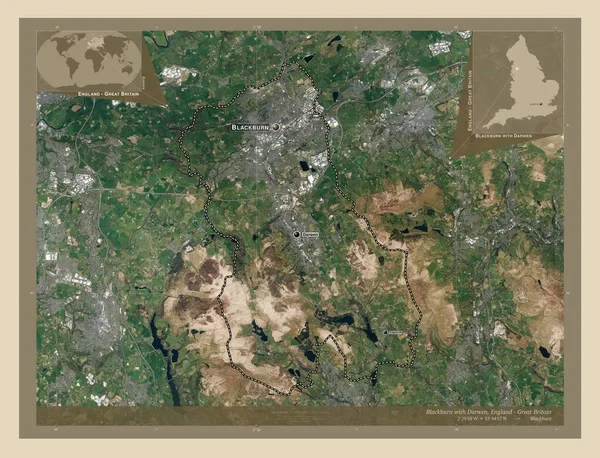 布莱克本与达文 英格兰的单一权威 大不列颠 高分辨率卫星地图 该区域主要城市的地点和名称 角辅助位置图 — 图库照片