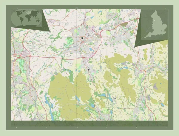 布莱克本与达文 英格兰的单一权威 大不列颠 开放街道地图 该区域主要城市的所在地点 角辅助位置图 — 图库照片