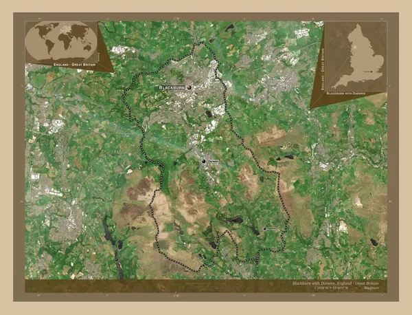 ブラックバーンはイギリスの統一的権威であるダーウェン 英語版 と共に イギリス 低解像度衛星地図 地域の主要都市の位置と名前 コーナー補助位置図 — ストック写真
