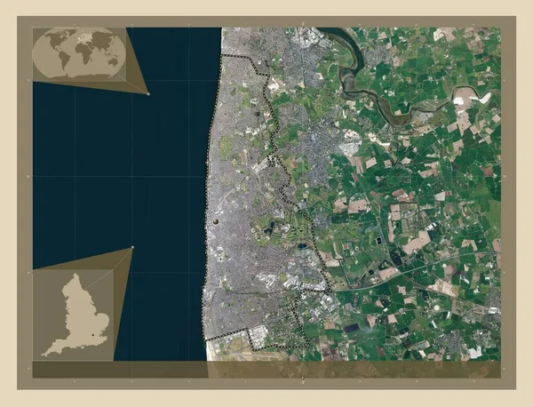 ブラックプール イングランドの行政郡 イギリス 高解像度衛星地図 コーナー補助位置図 — ストック写真