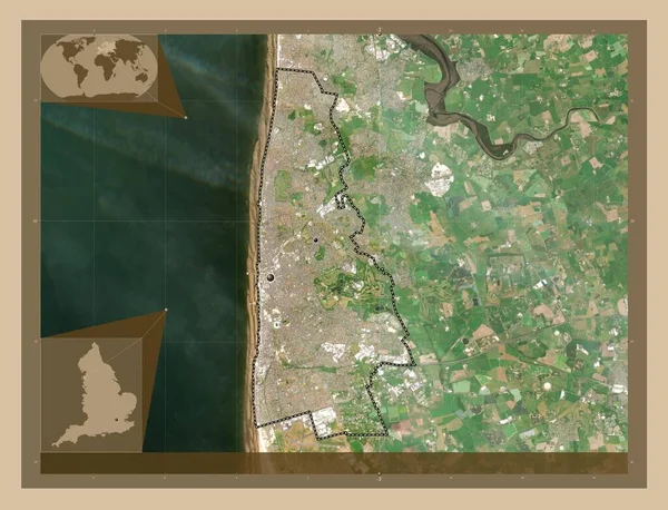 ブラックプール イングランドの行政郡 イギリス 低解像度衛星地図 地域の主要都市の場所 コーナー補助位置図 — ストック写真