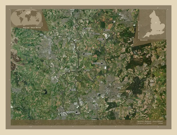 布尔索夫 英格兰非大都市地区 大不列颠 高分辨率卫星地图 该区域主要城市的地点和名称 角辅助位置图 — 图库照片