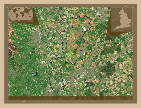 布尔索夫 英格兰非大都市地区 大不列颠 低分辨率卫星地图 该区域主要城市的所在地点 角辅助位置图 — 图库照片