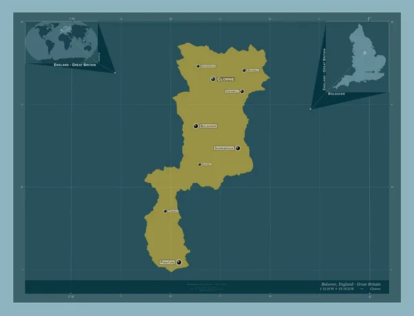 イギリスの非大都市圏ボルスオーバー 英語版 イギリス しっかりした色の形 地域の主要都市の位置と名前 コーナー補助位置図 — ストック写真