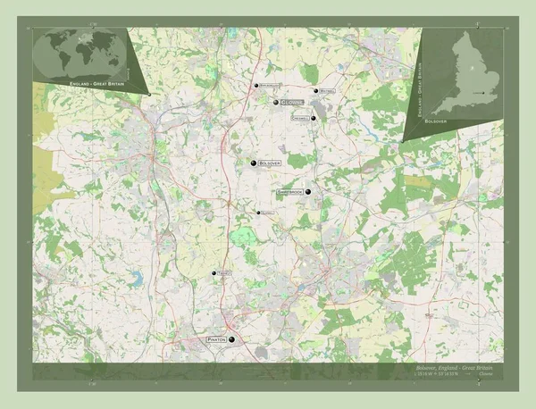 イギリスの非大都市圏ボルスオーバー 英語版 イギリス ストリートマップを開く 地域の主要都市の位置と名前 コーナー補助位置図 — ストック写真