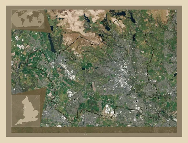 英格兰的行政区划 大不列颠 高分辨率卫星地图 该区域主要城市的所在地点 角辅助位置图 — 图库照片