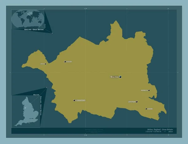 イギリスの行政郡ボルトン イギリス しっかりした色の形 地域の主要都市の位置と名前 コーナー補助位置図 — ストック写真