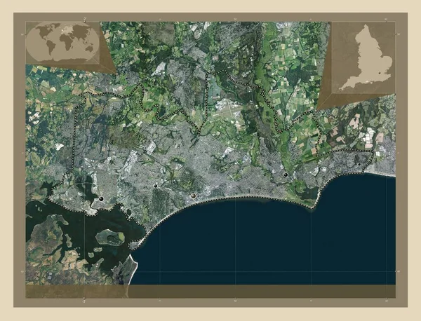 ボーンマス クライストチャーチ プール イギリスの統一的権威 イギリス 高解像度衛星地図 地域の主要都市の場所 コーナー補助位置図 — ストック写真