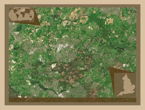 Bracknell Forest, administrative county of England - Great Britain. Low resolution satellite map. Locations of major cities of the region. Corner auxiliary location maps
