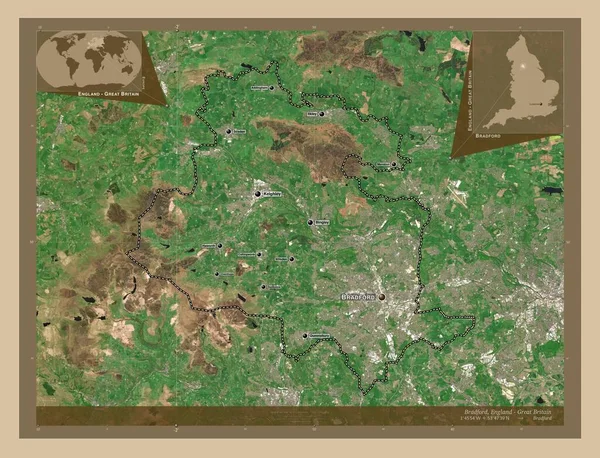 Bradford, administrative county of England - Great Britain. Low resolution satellite map. Locations and names of major cities of the region. Corner auxiliary location maps