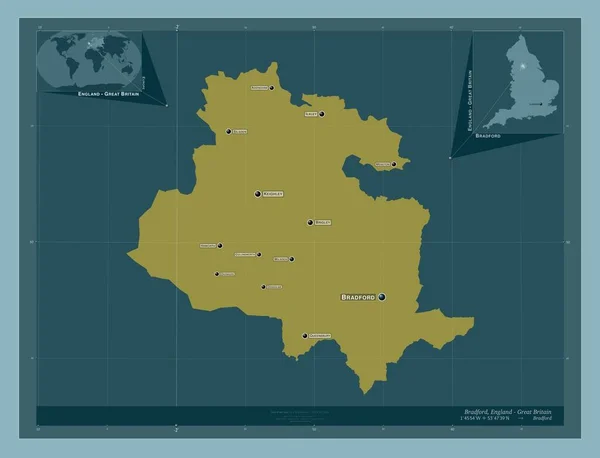 布拉德福德 英国行政区划 固体的颜色形状 该区域主要城市的地点和名称 角辅助位置图 — 图库照片