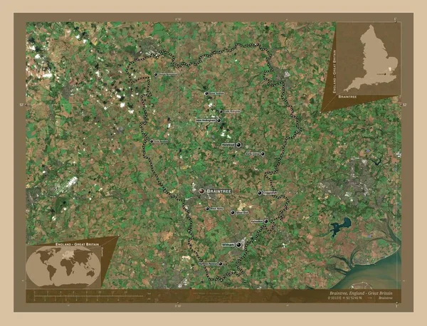 英国非大都市地区的Braintree 低分辨率卫星地图 该区域主要城市的地点和名称 角辅助位置图 — 图库照片