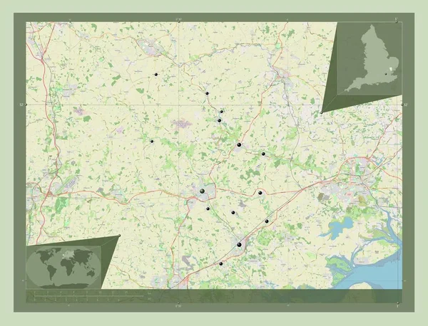 イギリスの非大都市圏であるブレインツリー イギリス ストリートマップを開く 地域の主要都市の場所 コーナー補助位置図 — ストック写真