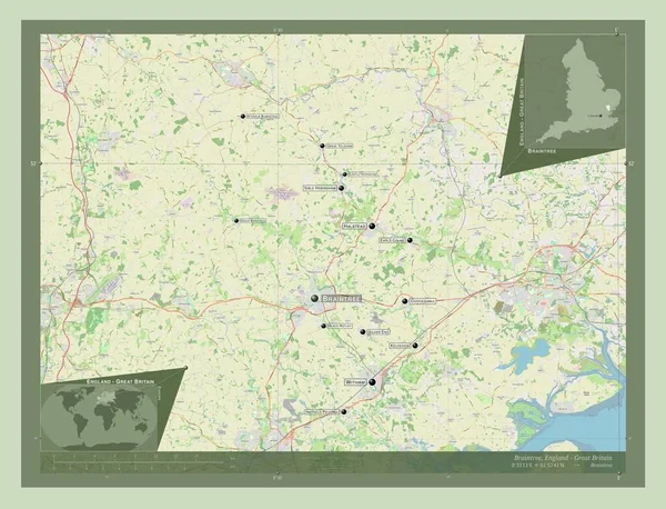 イギリスの非大都市圏であるブレインツリー イギリス ストリートマップを開く 地域の主要都市の位置と名前 コーナー補助位置図 — ストック写真