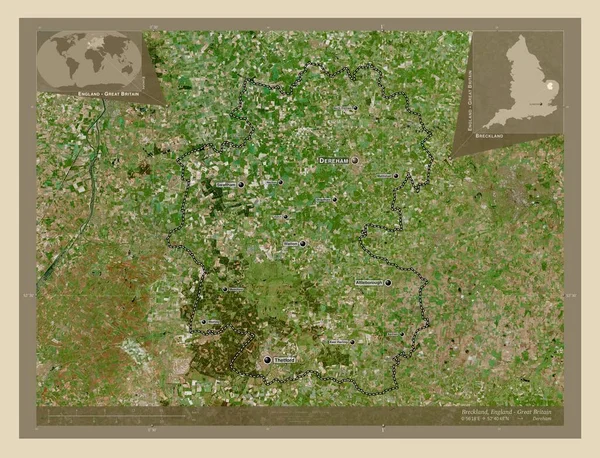 Breckland 英格兰非都市地区 大不列颠 高分辨率卫星地图 该区域主要城市的地点和名称 角辅助位置图 — 图库照片