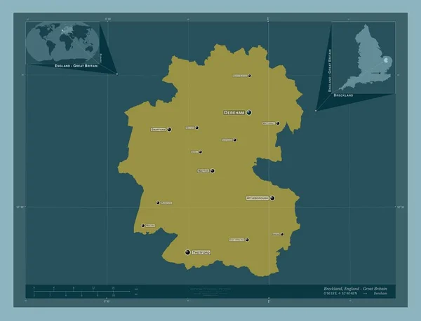 イングランドの首都圏ではないバックランド イギリス しっかりした色の形 地域の主要都市の位置と名前 コーナー補助位置図 — ストック写真