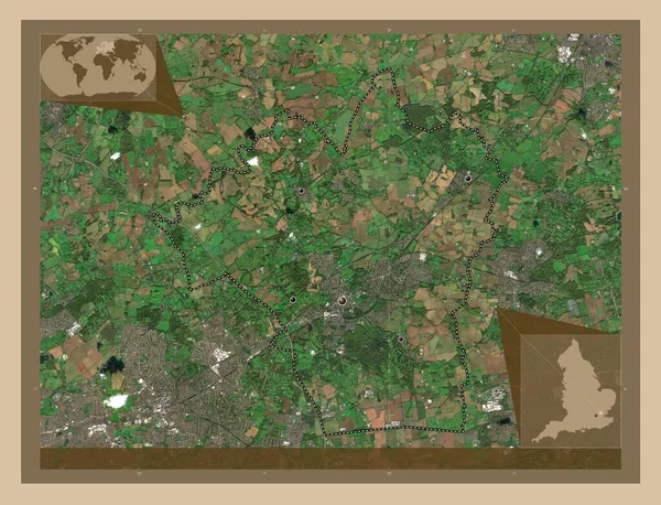 イギリスの首都圏ではない地域 ブレントウッド イギリス 低解像度衛星地図 地域の主要都市の場所 コーナー補助位置図 — ストック写真