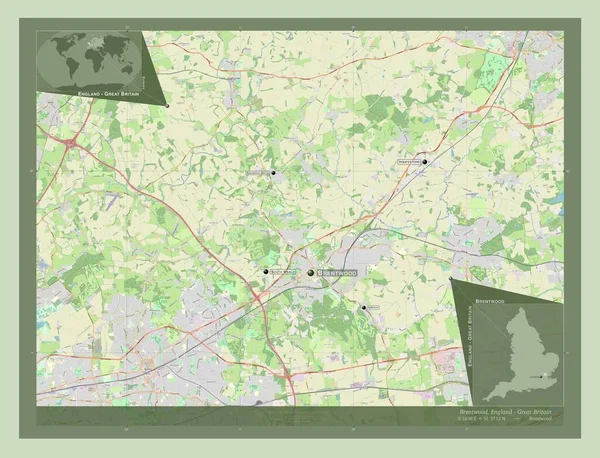 イギリスの首都圏ではない地域 ブレントウッド イギリス ストリートマップを開く 地域の主要都市の位置と名前 コーナー補助位置図 — ストック写真