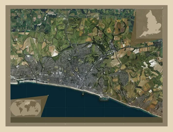 ブライトンとホーブ イギリスの統一的権威 イギリス 高解像度衛星地図 地域の主要都市の場所 コーナー補助位置図 — ストック写真