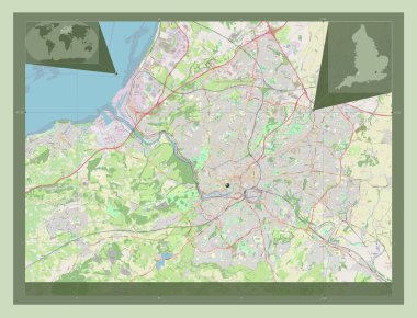 Bristol şehri, İngiltere 'nin üniter otoritesi - Büyük Britanya. Açık Sokak Haritası. Bölgenin büyük şehirlerinin yerleri. Köşedeki yedek konum haritaları