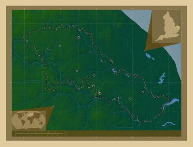 Büyük Britanya, İngiltere 'nin metropolitan olmayan bir bölgesi. Gölleri ve nehirleri olan renkli yükseklik haritası. Bölgenin büyük şehirlerinin yerleri. Köşedeki yedek konum haritaları
