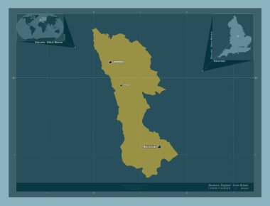 Broxtowe, İngiltere 'nin metropolitan olmayan bölgesi - Büyük Britanya. Katı renk şekli. Bölgenin büyük şehirlerinin yerleri ve isimleri. Köşedeki yedek konum haritaları