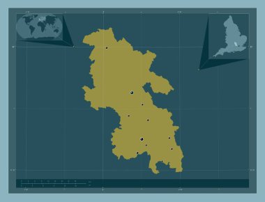 Buckinghamshire, İngiltere idari kontluğu - Büyük Britanya. Katı renk şekli. Bölgenin büyük şehirlerinin yerleri. Köşedeki yedek konum haritaları