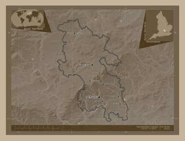 Buckinghamshire, İngiltere idari kontluğu - Büyük Britanya. Yükseklik haritası sepya tonlarında göller ve nehirlerle renklendirilmiş. Bölgenin büyük şehirlerinin yerleri ve isimleri. Köşedeki yedek konum haritaları
