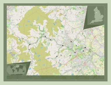 Calderdale, İngiltere 'nin idari ilçesi, Büyük Britanya. Açık Sokak Haritası. Bölgenin büyük şehirlerinin yerleri. Köşedeki yedek konum haritaları