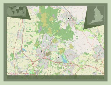 Cannock Chase, İngiltere 'nin metropolitan olmayan bölgesi, Büyük Britanya. Açık Sokak Haritası. Bölgenin büyük şehirlerinin yerleri. Köşedeki yedek konum haritaları