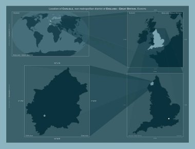 Carlisle, İngiltere 'nin metropolitan olmayan bölgesi, Büyük Britanya. Büyük ölçekli haritalarda bölgenin yerini gösteren diyagram. Katı bir arkaplan üzerinde vektör çerçevelerinin ve PNG şekillerinin bileşimi