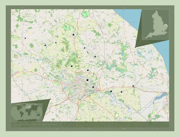 イギリスの首都圏ではない地域 ブロードランド イギリス ストリートマップを開く 地域の主要都市の場所 コーナー補助位置図 — ストック写真