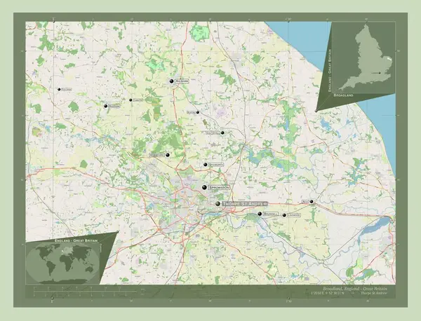 イギリスの首都圏ではない地域 ブロードランド イギリス ストリートマップを開く 地域の主要都市の位置と名前 コーナー補助位置図 — ストック写真
