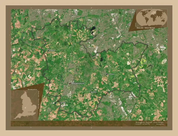英国非都市地区的布罗姆斯格罗夫 低分辨率卫星地图 该区域主要城市的地点和名称 角辅助位置图 — 图库照片