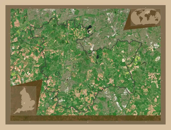 ブロムズグローブ イギリスの首都圏ではない地域 低解像度衛星地図 コーナー補助位置図 — ストック写真