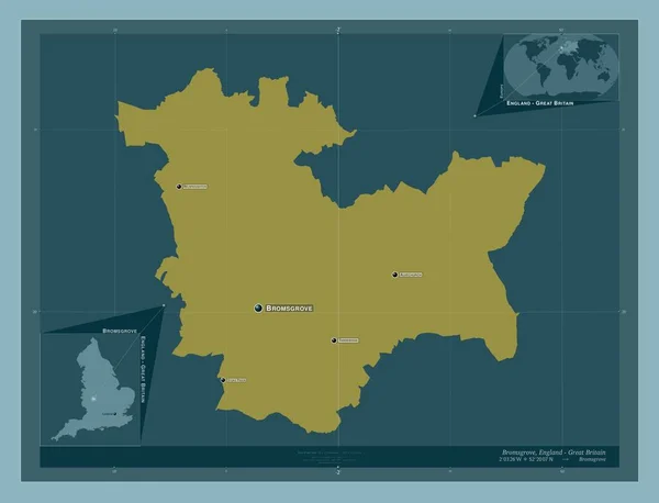 ブロムズグローブ イギリスの首都圏ではない地域 しっかりした色の形 地域の主要都市の位置と名前 コーナー補助位置図 — ストック写真