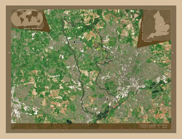 イギリスの非大都市圏であるブロックストウ 英語版 イギリス 低解像度衛星地図 地域の主要都市の位置と名前 コーナー補助位置図 — ストック写真