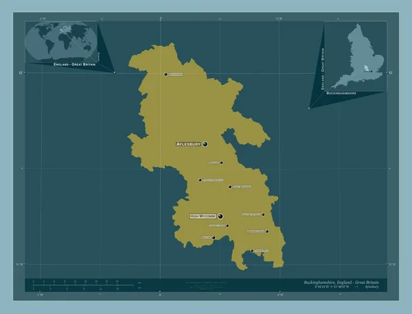 バッキンガムシャー イギリスの行政郡 イギリス しっかりした色の形 地域の主要都市の位置と名前 コーナー補助位置図 — ストック写真