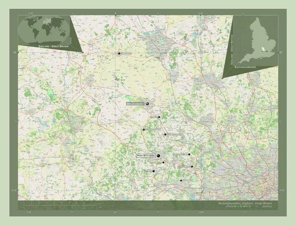 バッキンガムシャー イギリスの行政郡 イギリス ストリートマップを開く 地域の主要都市の位置と名前 コーナー補助位置図 — ストック写真