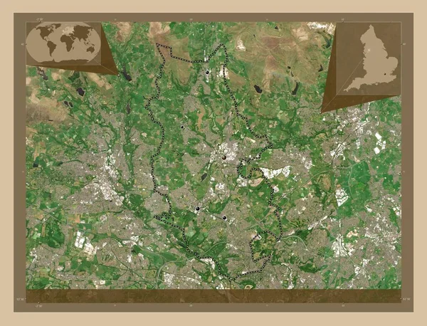 英格兰的行政区划 大不列颠 低分辨率卫星地图 该区域主要城市的所在地点 角辅助位置图 — 图库照片